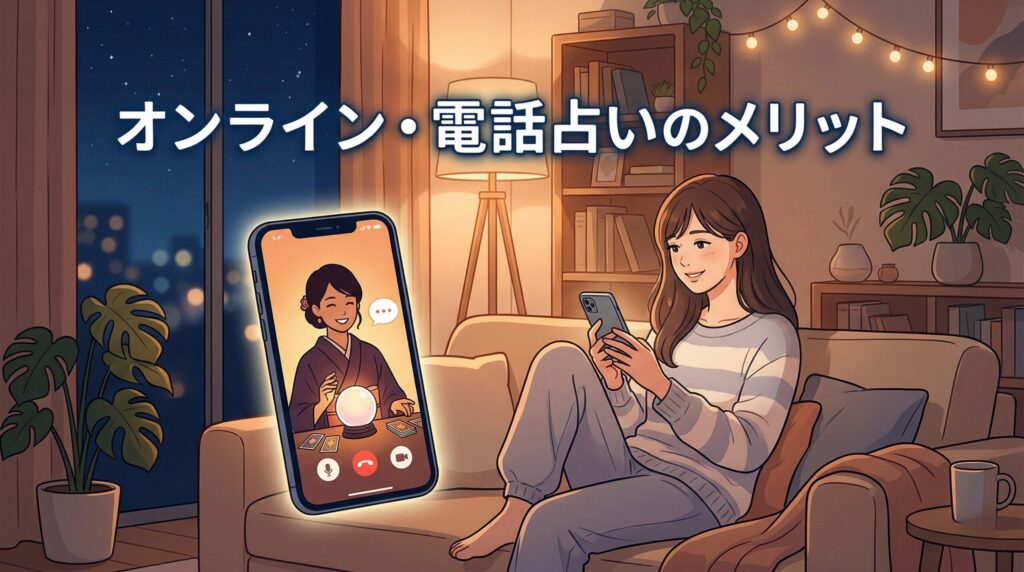 オンライン占いの手軽さと安心感を表したイラスト