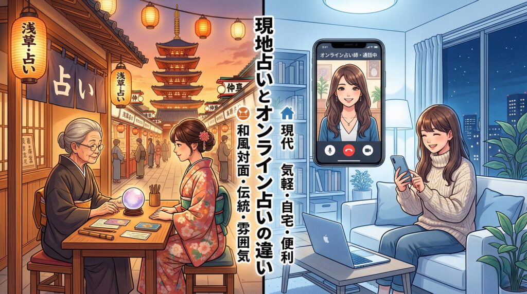 現地占いとオンライン占いの違いを比較したイラスト