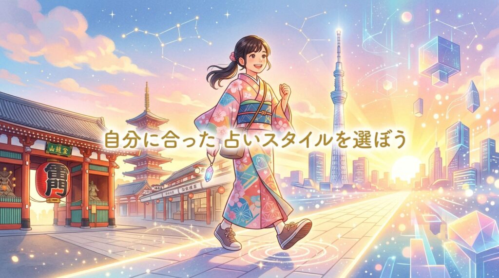 占いを通じて前向きな一歩を踏み出すイメージ